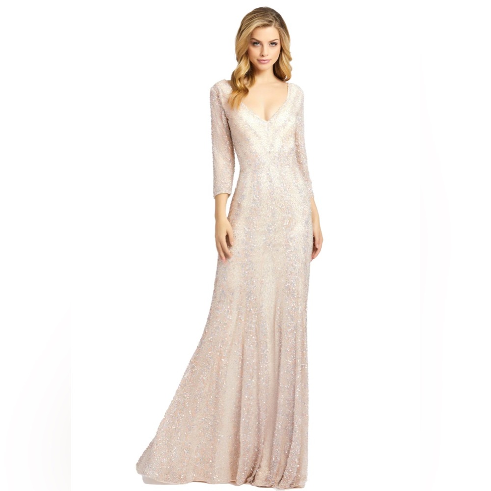Mac Duggal Three Quarter Sleeve Embellished Formal Gown- NWT Nude/Platinum